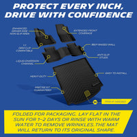 Michelin all-weather TPE floor mats, enhanced driver-side non-slip area, extended front coverage, 360° raised wall, OEM clip compatible with anti-slip studs, liquid diversion channel, heavy-duty and easy to install with precise fit guaranteed, trim if needed. Folded for packaging, lay flat in sun for 1-2 days or rinse with warm water to remove wrinkles, mat will return to original shape.