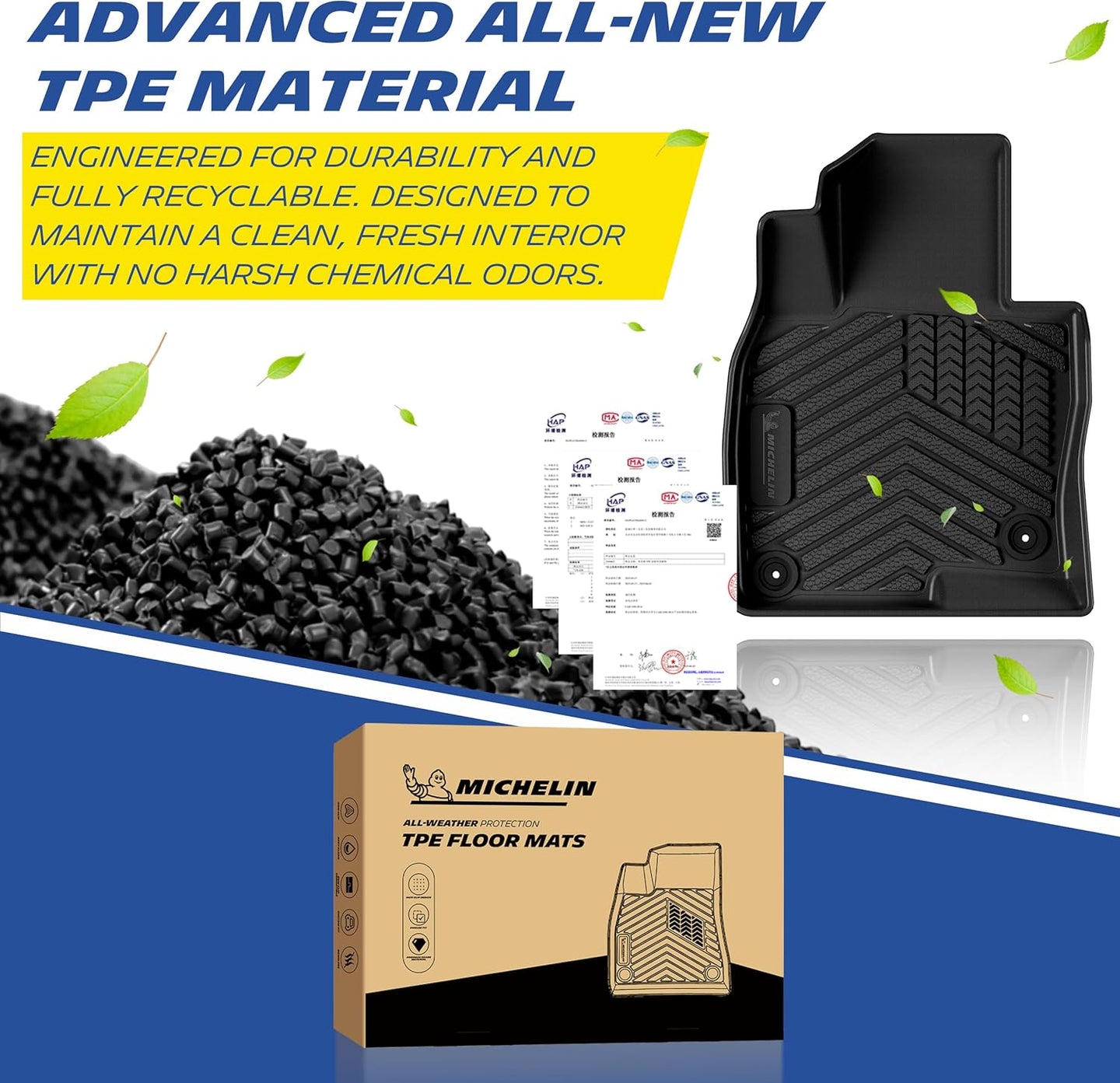 Advanced TPE material provides durable, recyclable, and odor-free protection for a cleaner vehicle interior.