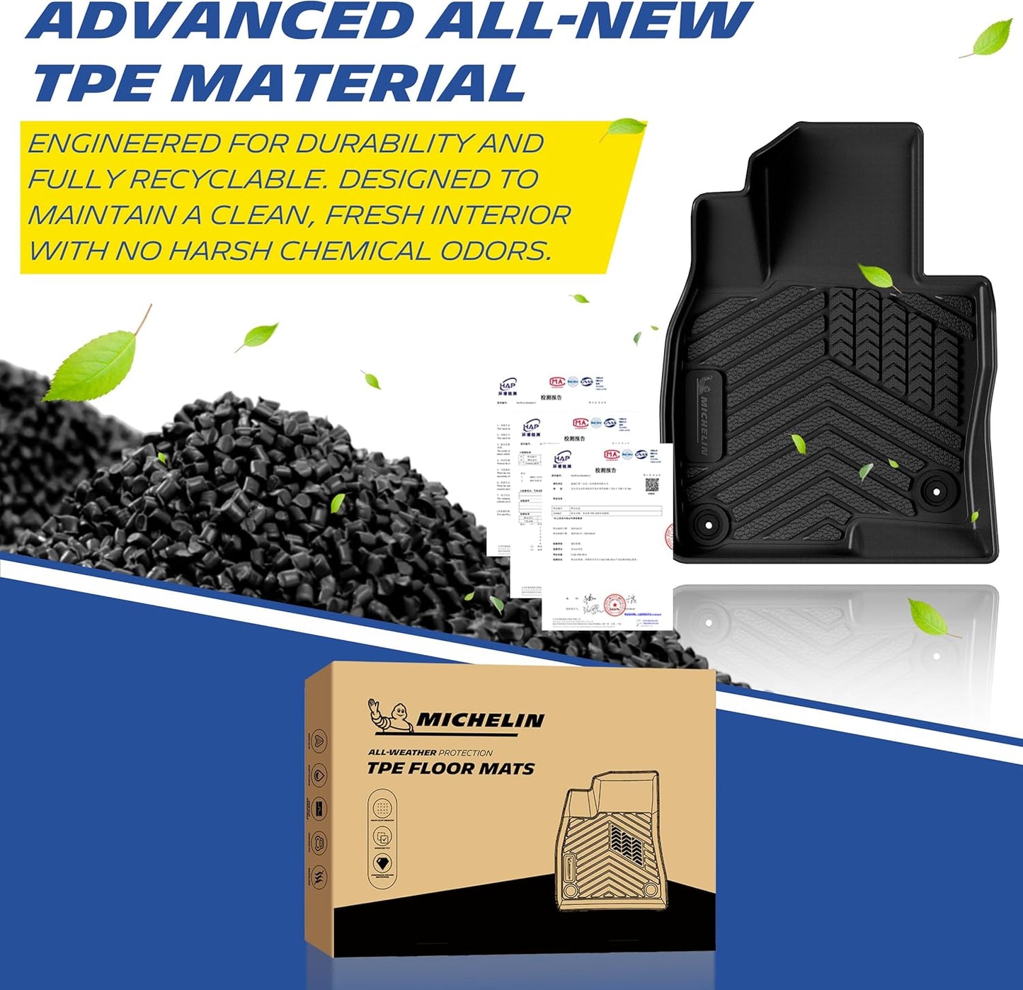 Advanced TPE material provides durable, recyclable, and odor-free protection for a cleaner vehicle interior.