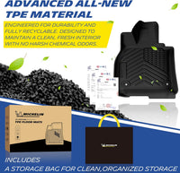 Michelin all-weather TPE floor mats, made from advanced all-new TPE material, engineered for durability and fully recyclable, maintains clean fresh interior with no harsh chemical odors, all-weather protection, includes a storage bag for clean organized storage.