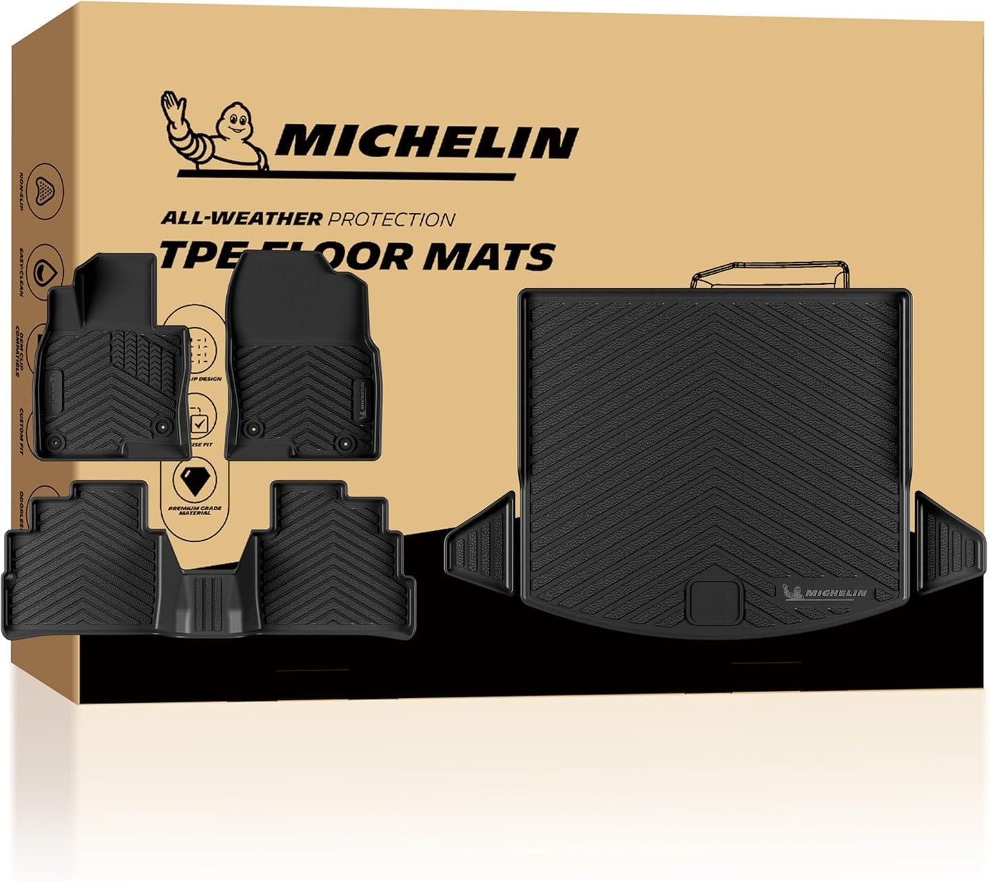 Complete set of Michelin TPE floor mats packaged for full-coverage, all-weather interior protection.