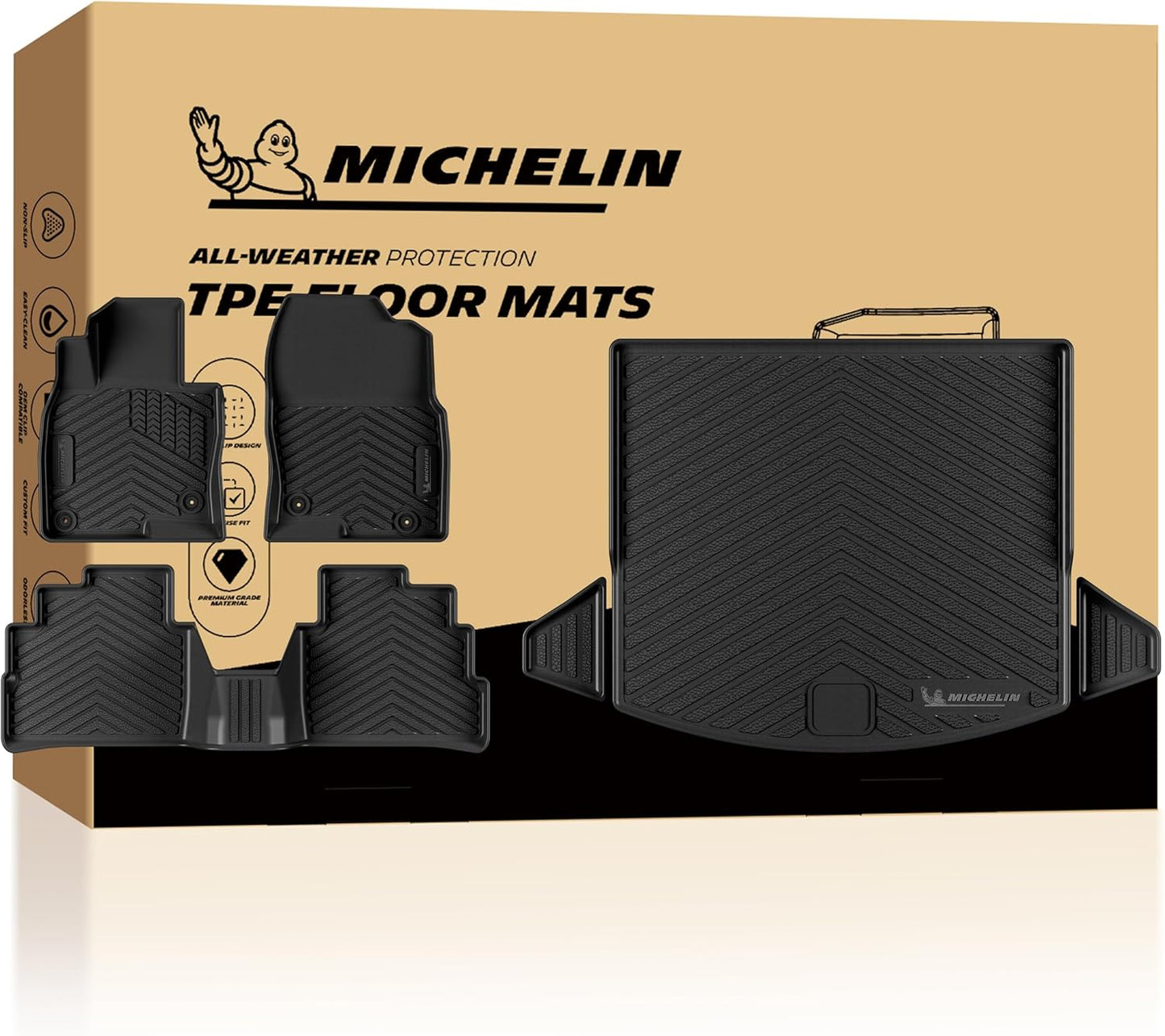 Complete set of Michelin TPE floor mats packaged for full-coverage, all-weather interior protection.