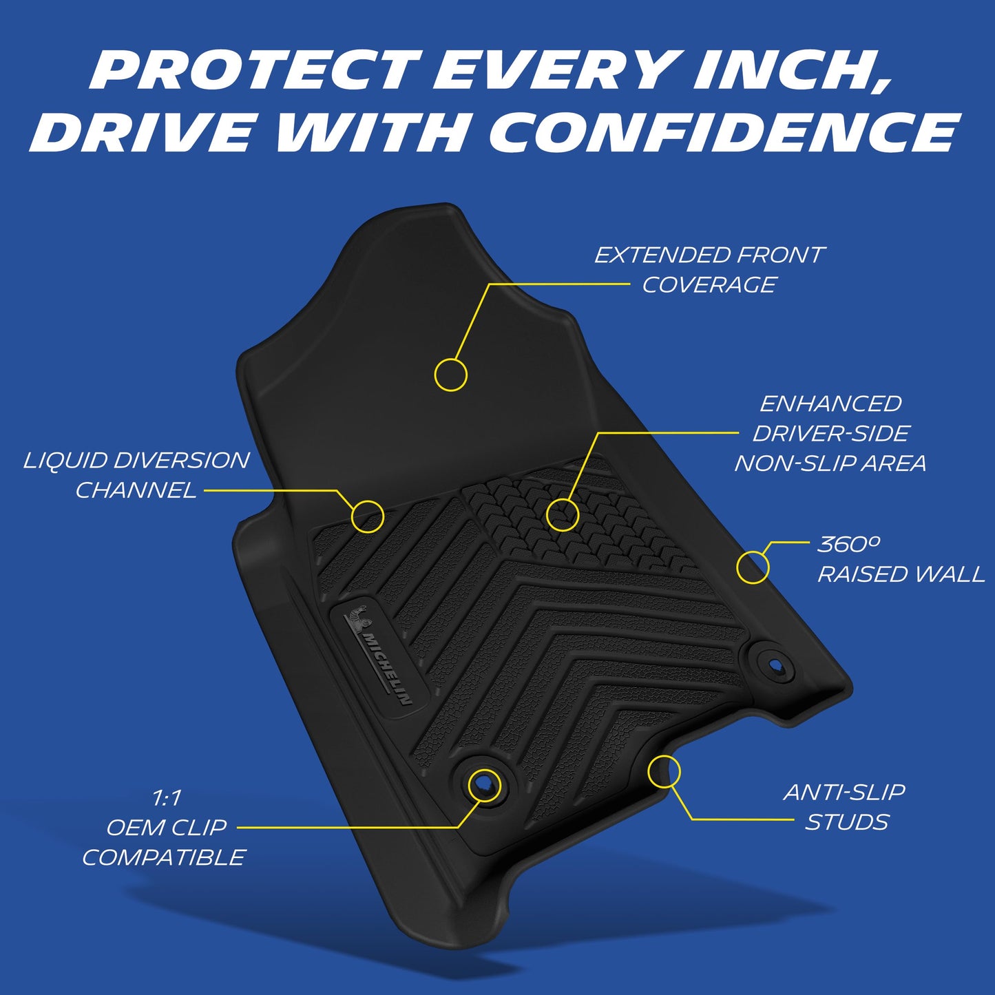 Michelin all-weather TPE floor mats, extended front coverage, enhanced driver-side non-slip area, liquid diversion channel, 360° raised wall prevents overflow, 1:1 OEM clip and anti-slip studs compatible for secure fit.