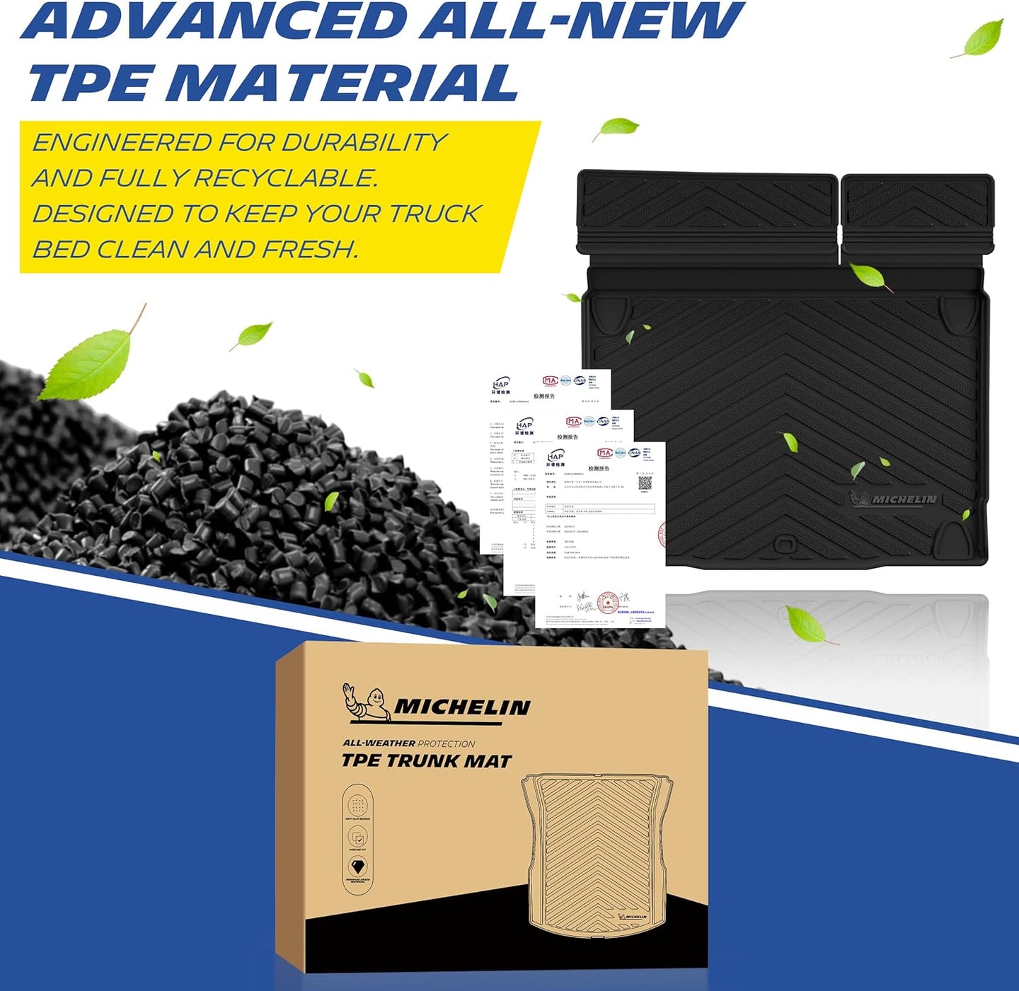 Durable odor-free TPE material for Michelin Bronco trunk mat, fully recyclable
