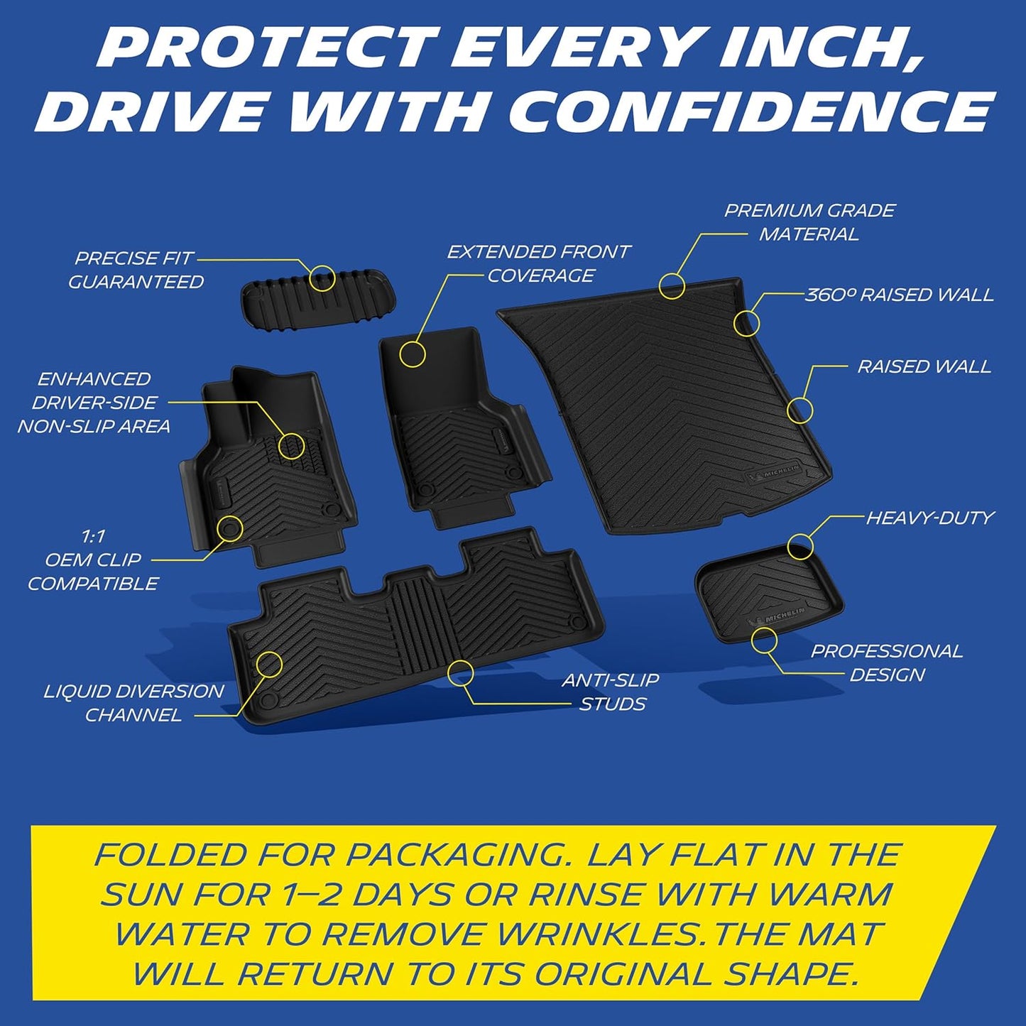 Non-slip car floor mats set, 360-degree raised edge, liquid diversion channels, durable TPE material, precise fit for vehicle, enhanced driver-side anti-slip, prevents mat shifting