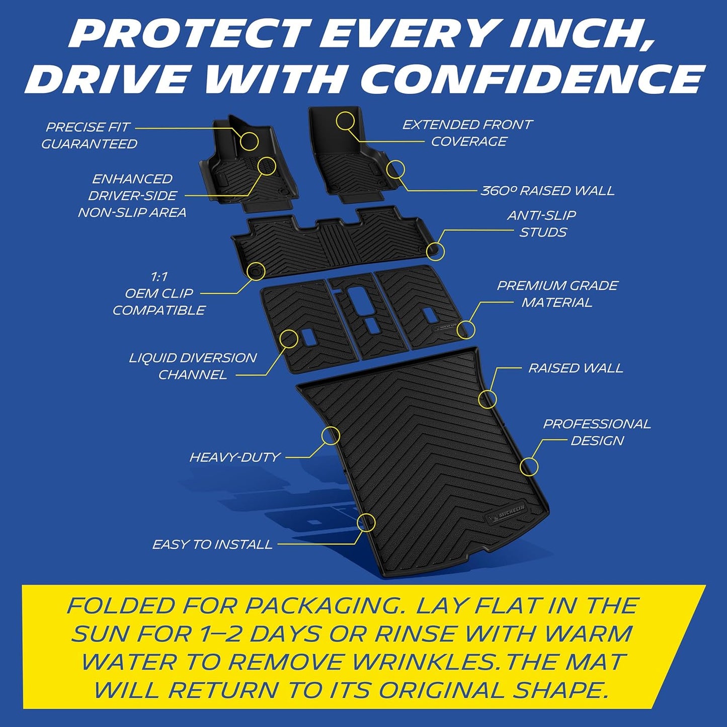 Complete floor mat set with raised edges and anti-slip design for full interior protection.