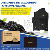 Michelin all-weather TPE floor mats, made from advanced all-new TPE material, engineered for durability and fully recyclable, maintains clean fresh interior with no harsh chemical odors, all-weather protection, includes a storage bag for clean organized storage.