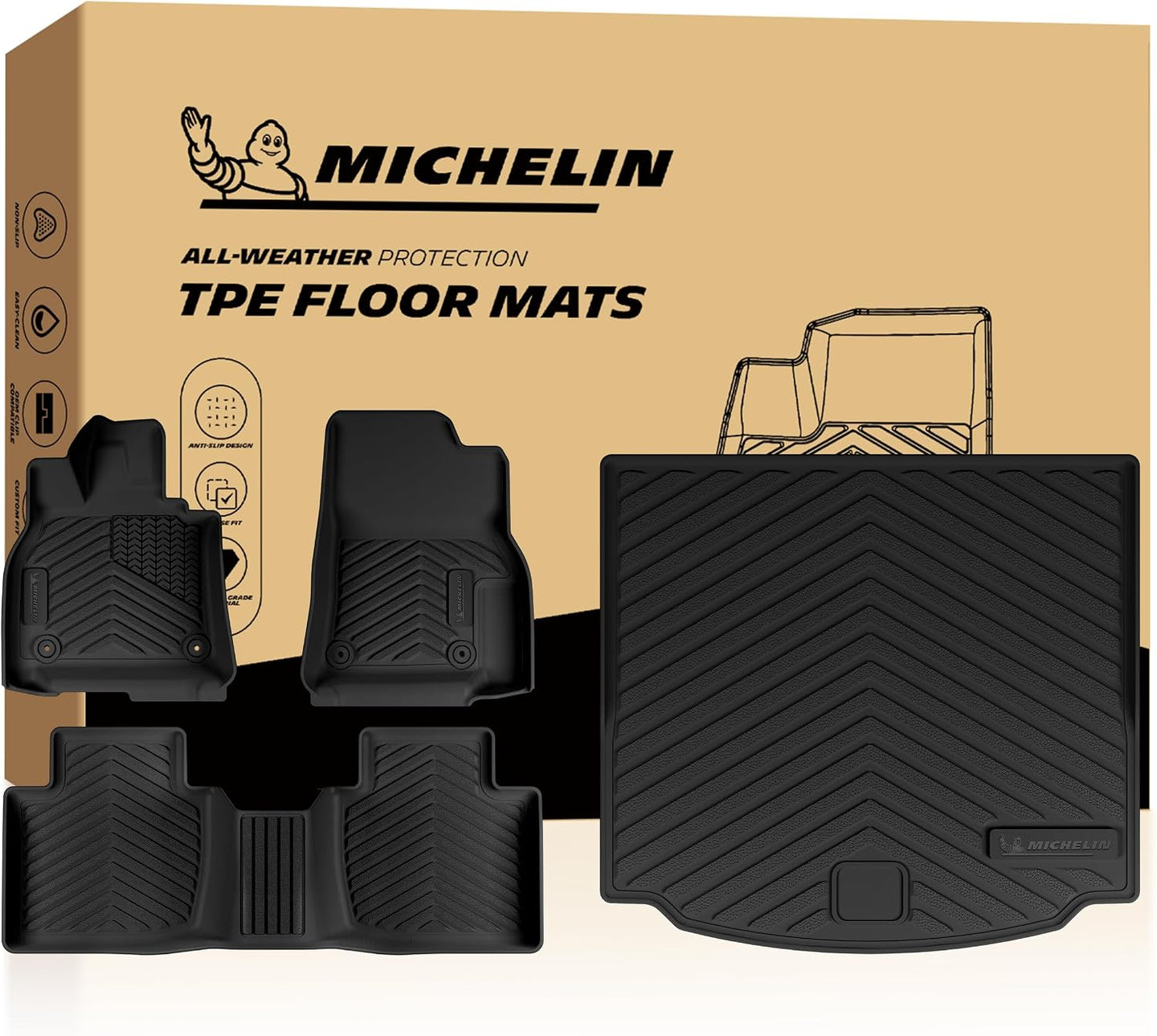 Michelin all-weather TPE floor mats, advanced protection for vehicles, durable and slip-resistant, custom-fit car mats.