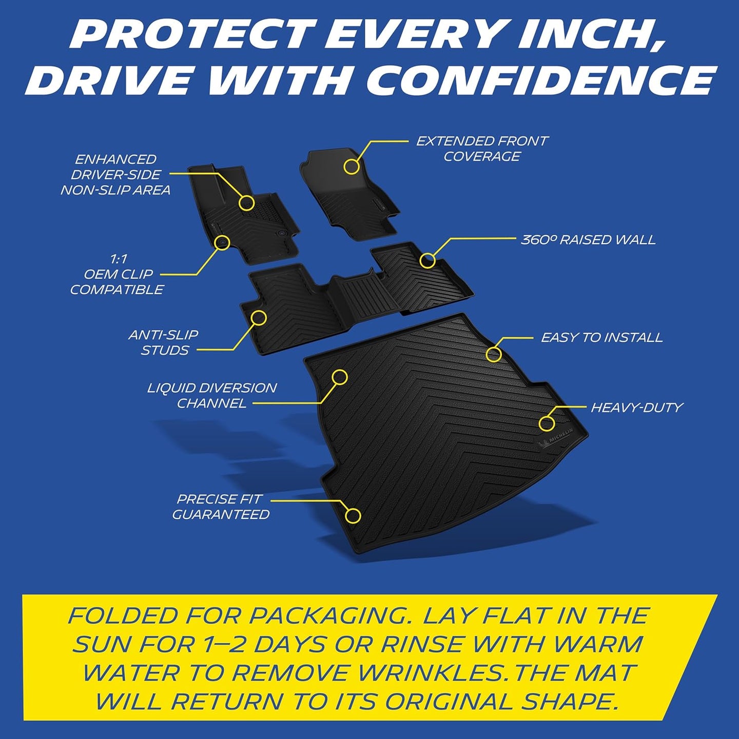 Michelin RAV4 floor mats full coverage features: raised wall, anti-slip studs, easy installation