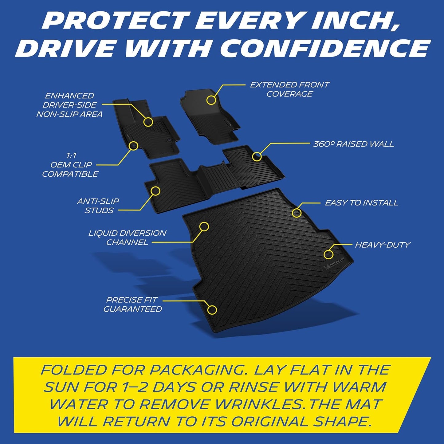 Michelin RAV4 floor mats full coverage features: raised wall, anti-slip studs, easy installation