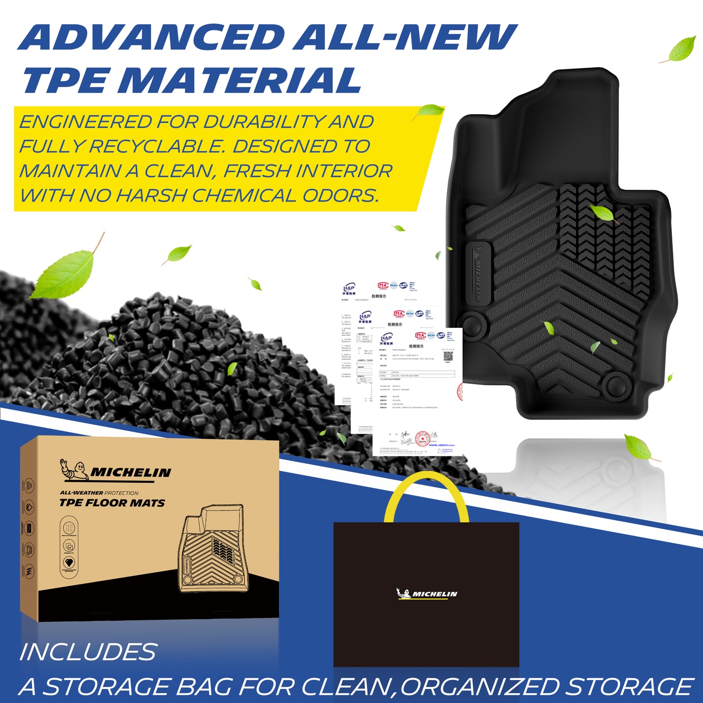 Michelin advanced recyclable odor‑free TPE floor mats, comes with storage bag and retail packaging