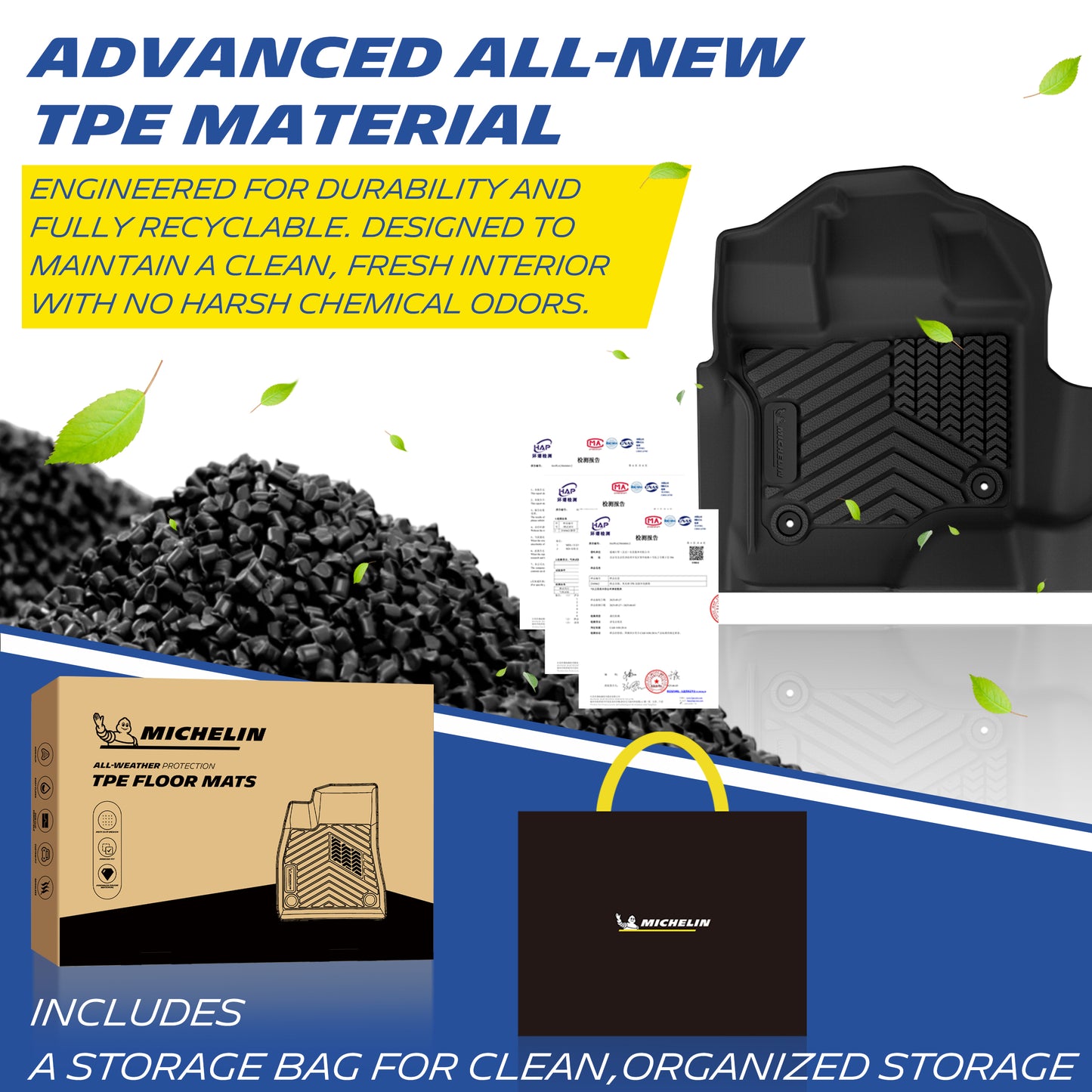 Michelin advanced new TPE material infographic, floor mats with storage bag

