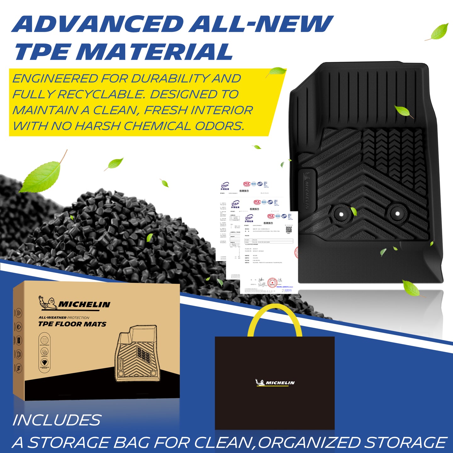 Premium odor-free recyclable TPE material, complete with branded storage carry bag and retail packaging.
