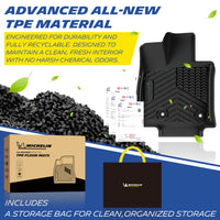 Michelin all-weather TPE floor mats, made from advanced all-new TPE material, engineered for durability and fully recyclable, maintains clean fresh interior with no harsh chemical odors, all-weather protection, includes a storage bag for clean organized storage.