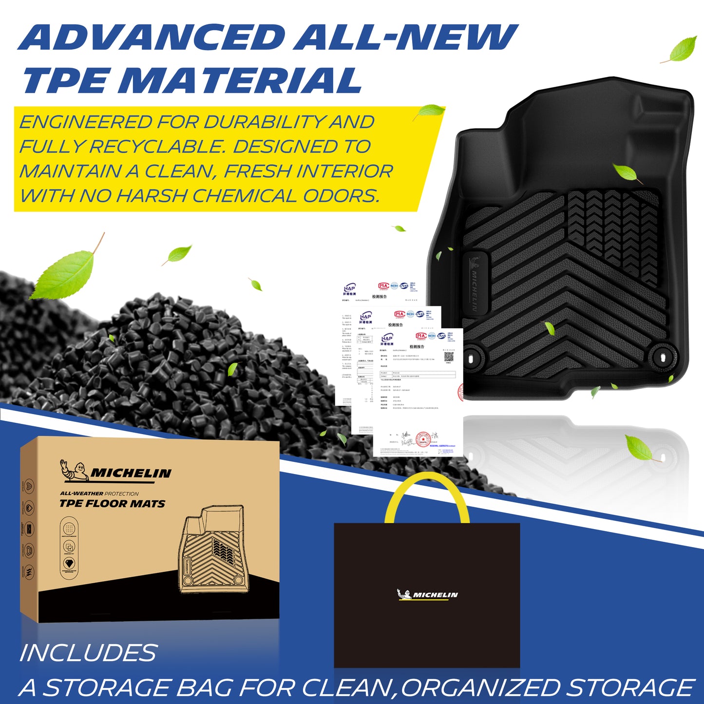 Premium odorless recyclable TPE material, includes branded storage bag & test certificates