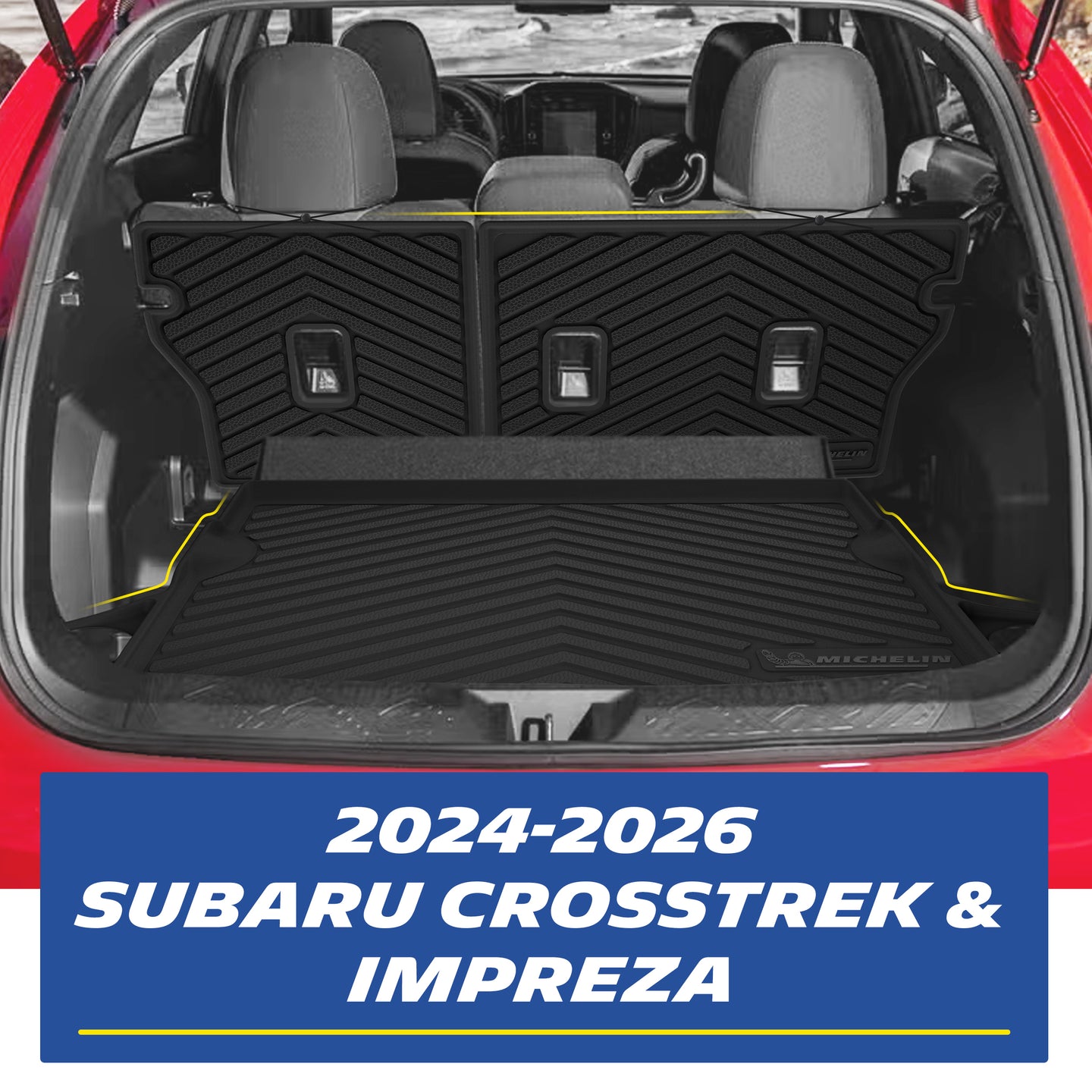 Full set Michelin trunk & rear seat back mats installed inside 2024-2026 Subaru Crosstrek & Impreza cargo area