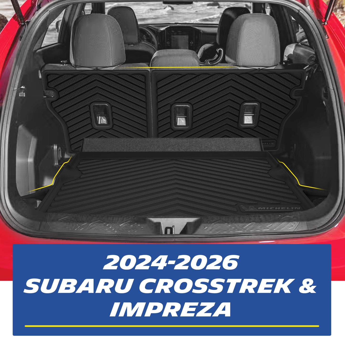 Full set Michelin trunk & rear seat back mats installed inside 2024-2026 Subaru Crosstrek & Impreza cargo area