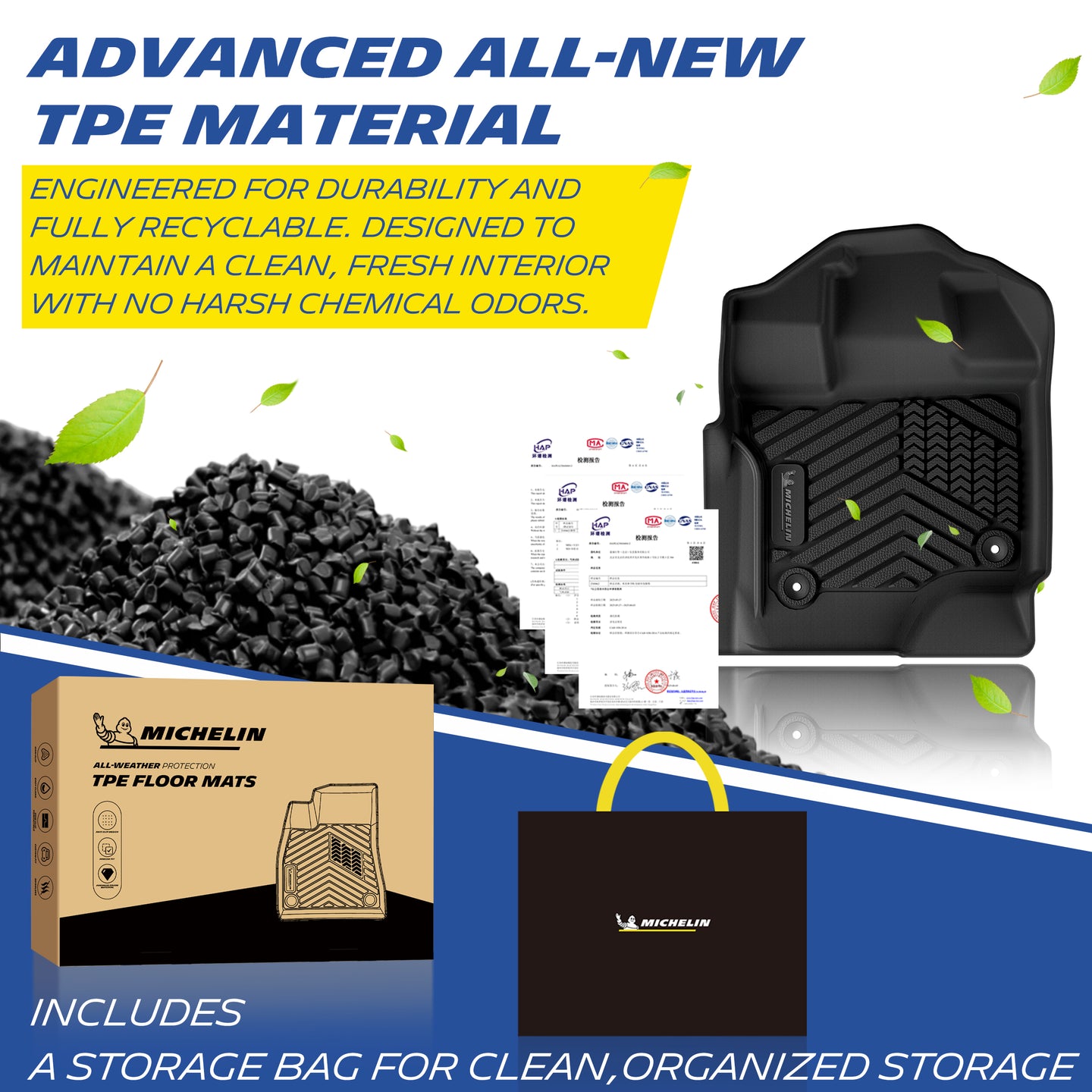 Michelin TPE floor mats adopt eco-friendly odorless material, complete with certification documents and branded storage bag.