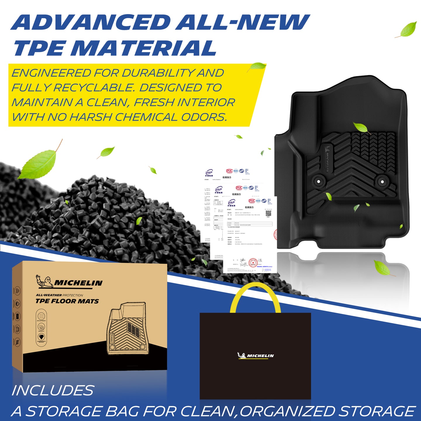 Michelin TPE floor mats adopt eco-friendly odorless material, complete with certification documents and branded storage bag.