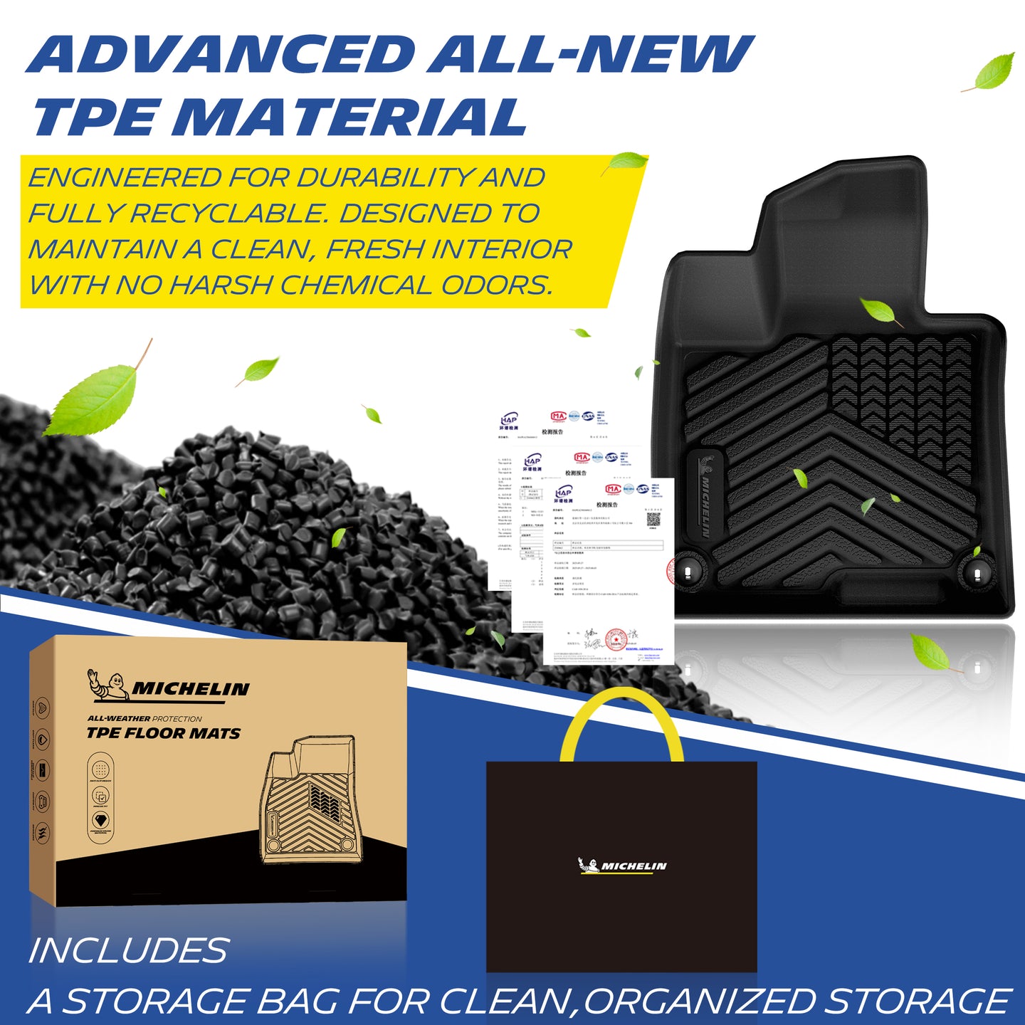 Premium recyclable odorless TPE material display, Michelin floor mat packaging and storage bag