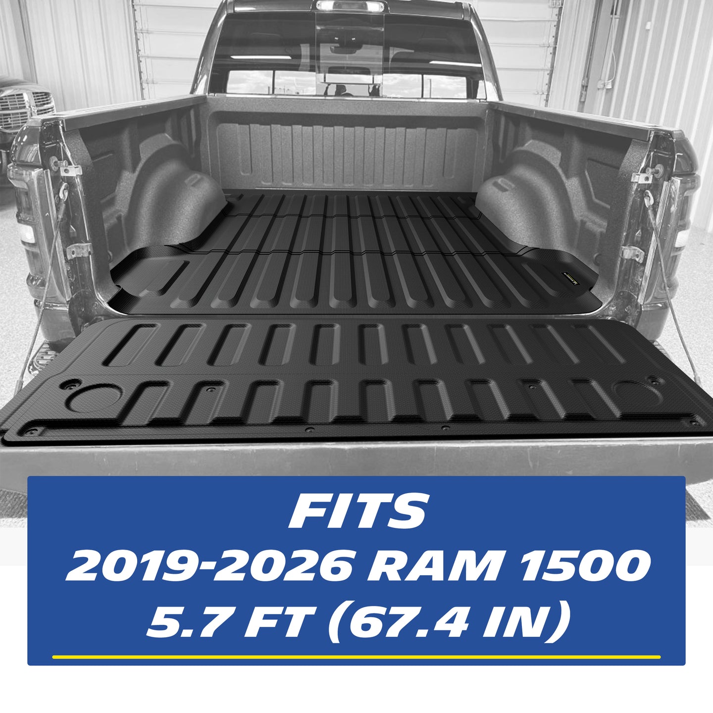 Real-world installation of a custom-fit black heavy-duty truck bed mat and tailgate mat set inside a 2019-2026 RAM 1500 5.7-foot (67.4-inch) short bed. The image demonstrates the precise edge-to-edge fitment perfectly contouring around the interior wheel wells, with the accompanying tailgate mat fully covering the lowered tailgate for comprehensive, seamless cargo protection.
