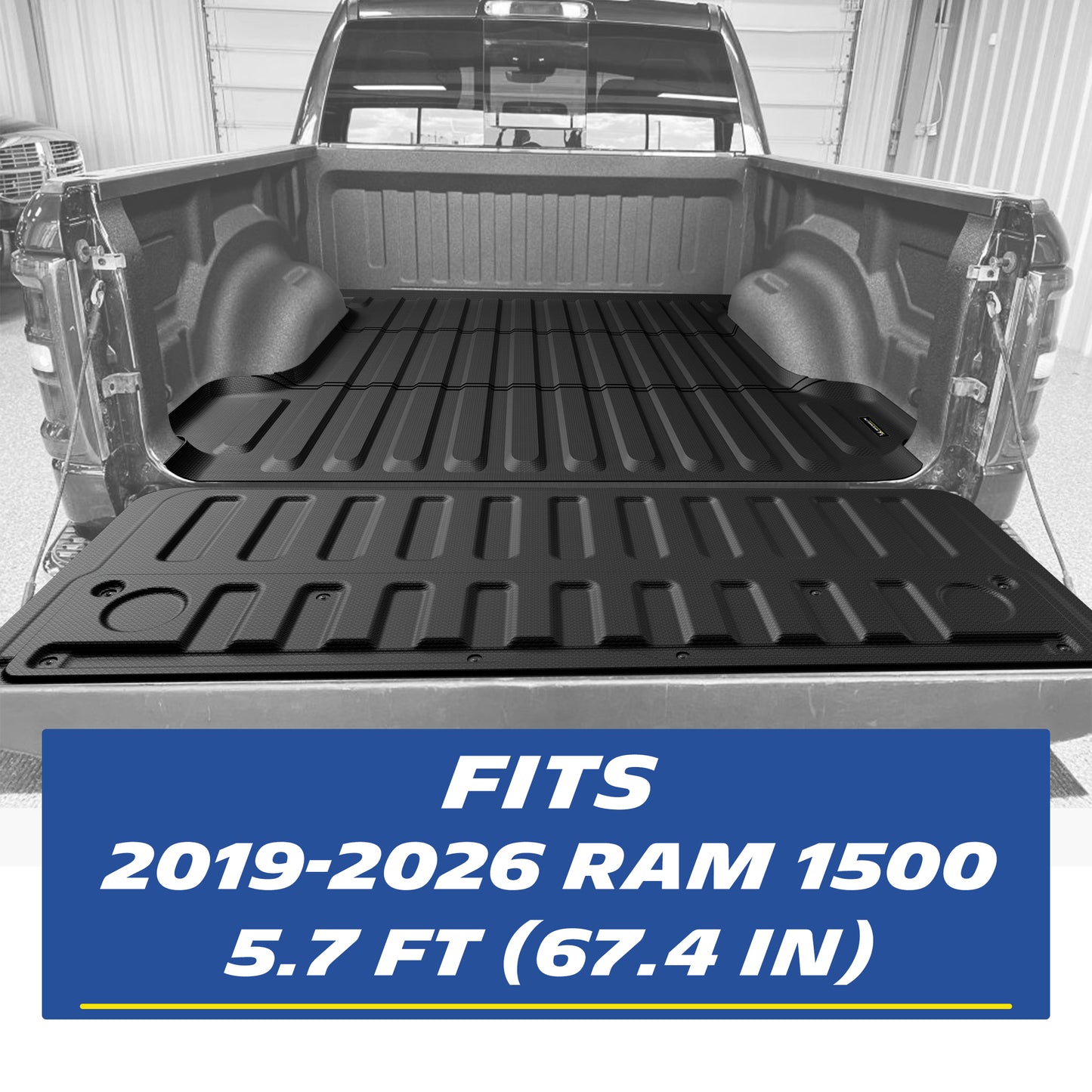 Real-world installation of a custom-fit black heavy-duty truck bed mat and tailgate mat set inside a 2019-2026 RAM 1500 5.7-foot (67.4-inch) short bed. The image demonstrates the precise edge-to-edge fitment perfectly contouring around the interior wheel wells, with the accompanying tailgate mat fully covering the lowered tailgate for comprehensive, seamless cargo protection.