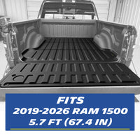 Real-world installation of a custom-fit black heavy-duty truck bed mat and tailgate mat set inside a 2019-2026 RAM 1500 5.7-foot (67.4-inch) short bed. The image demonstrates the precise edge-to-edge fitment perfectly contouring around the interior wheel wells, with the accompanying tailgate mat fully covering the lowered tailgate for comprehensive, seamless cargo protection.