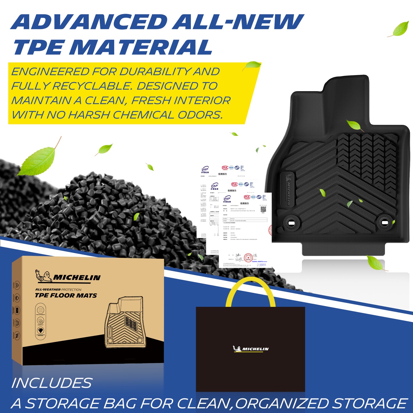 Michelin advanced recyclable odor‑free TPE floor mats, comes with storage bag and retail packaging