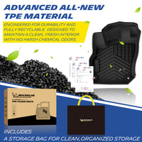 Michelin all-weather TPE floor mats, made from advanced all-new TPE material, engineered for durability and fully recyclable, maintains clean fresh interior with no harsh chemical odors, all-weather protection, includes a storage bag for clean organized storage.