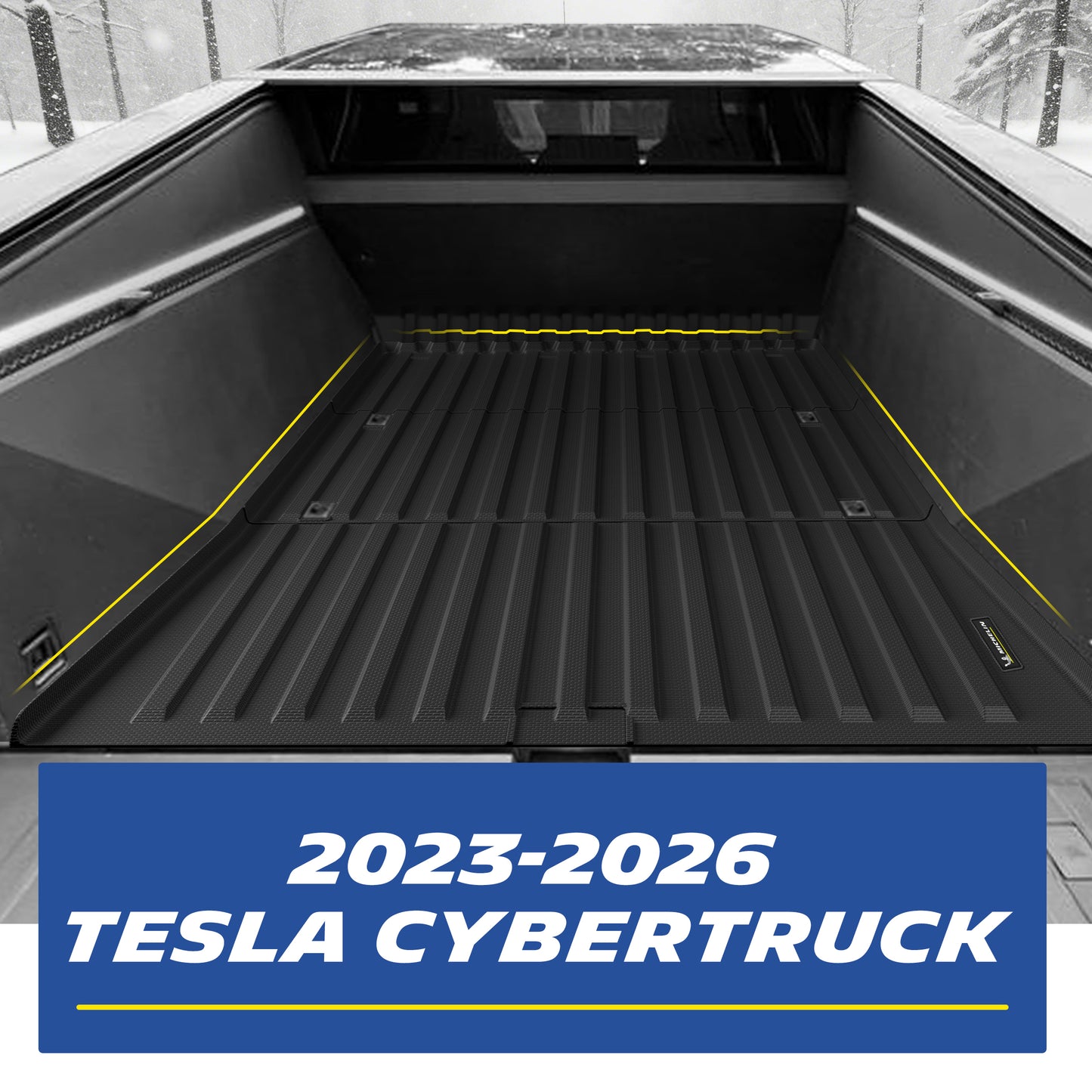TPE truck bed mat installed inside the cargo area of 2023‑2026 Tesla Cybertruck, custom‑fit bed liner covering full truck bed surface.