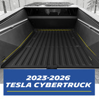 TPE truck bed mat installed inside the cargo area of 2023‑2026 Tesla Cybertruck, custom‑fit bed liner covering full truck bed surface.