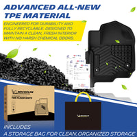 Michelin all-weather TPE floor mats, made from advanced all-new TPE material, engineered for durability and fully recyclable, maintains clean fresh interior with no harsh chemical odors, all-weather protection, includes a storage bag for clean organized storage.