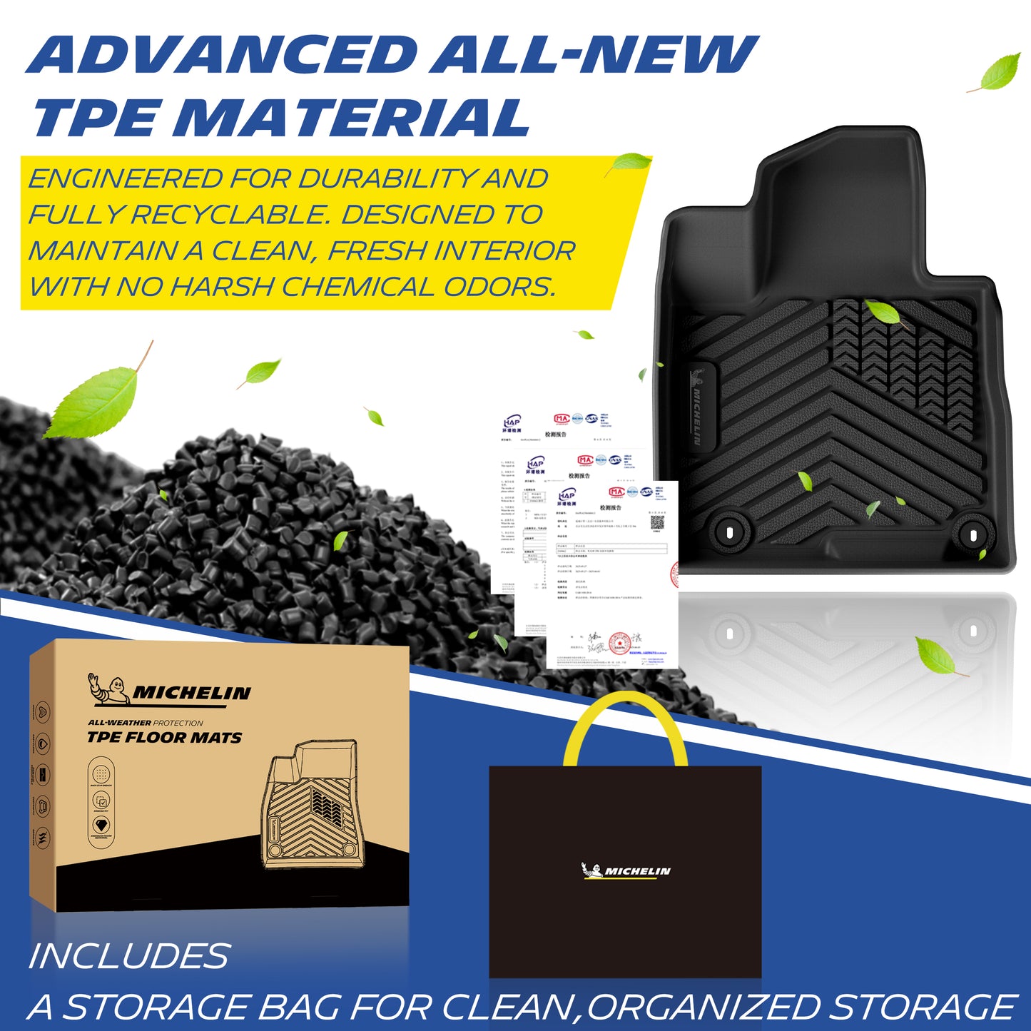  Premium all-new recyclable odor-free TPE material for Michelin all-weather floor mats, comes with branded storage bag and certification documents