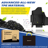 Michelin all-weather TPE floor mats, made from advanced all-new TPE material, engineered for durability and fully recyclable, maintains clean fresh interior with no harsh chemical odors, all-weather protection, includes a storage bag for clean organized storage.