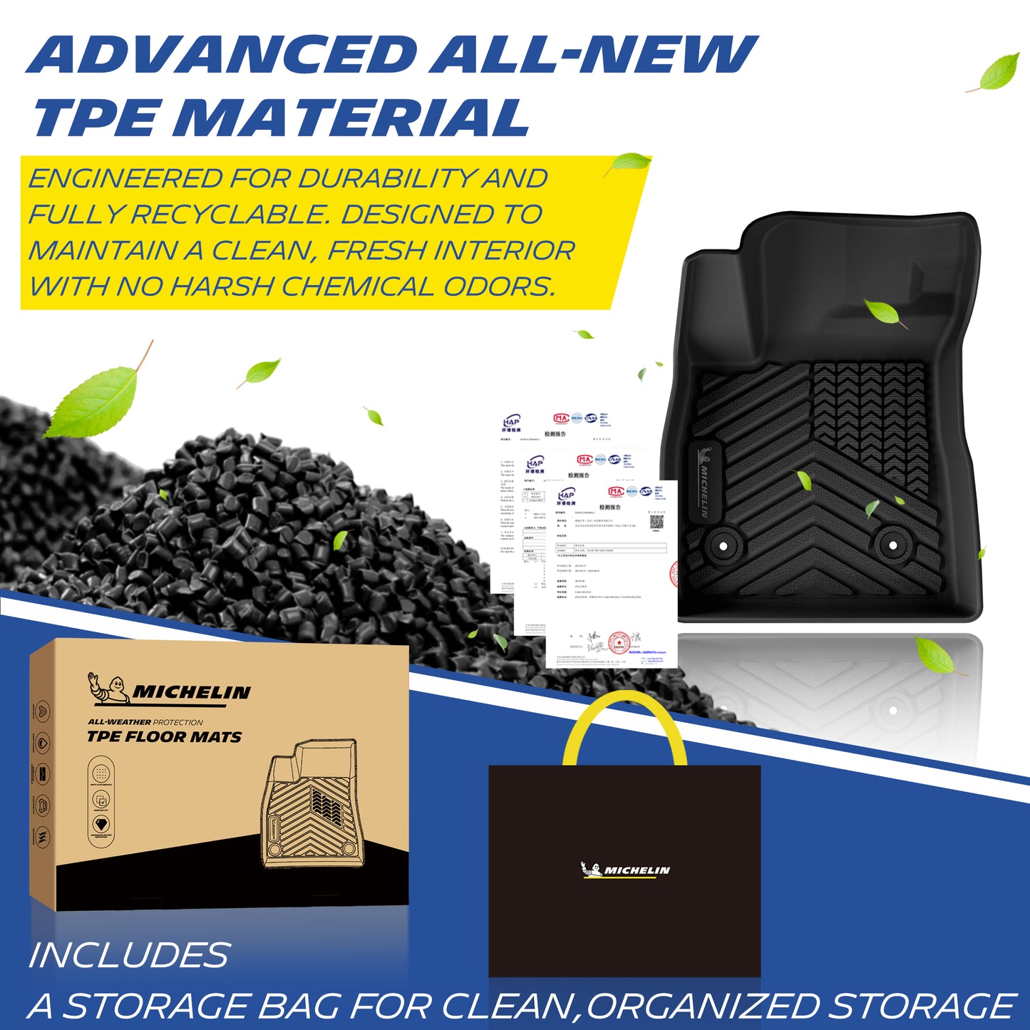 Premium all-new recyclable odorless TPE material for Michelin floor mats, certification documents, branded retail box and storage carry bag included