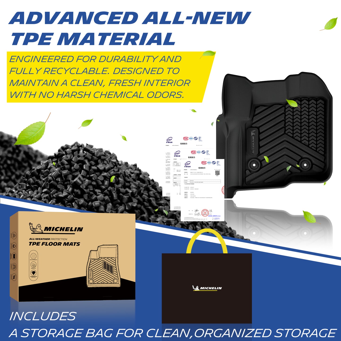 Michelin TPE floor mats adopt eco-friendly odorless material, complete with certification documents and branded storage bag.