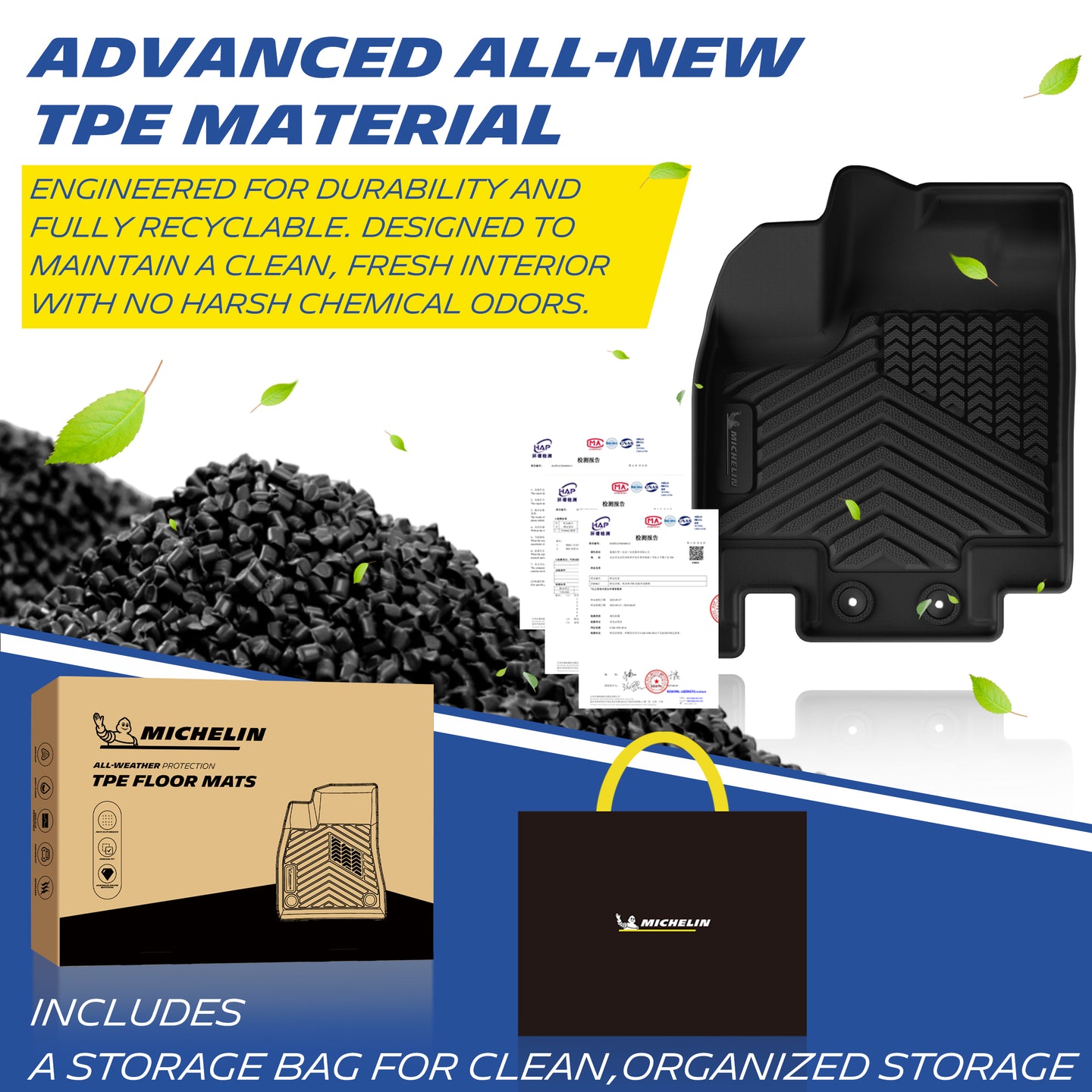 Premium eco-friendly TPE raw material for Michelin floor mats, odor-free recyclable material, product package and storage bag