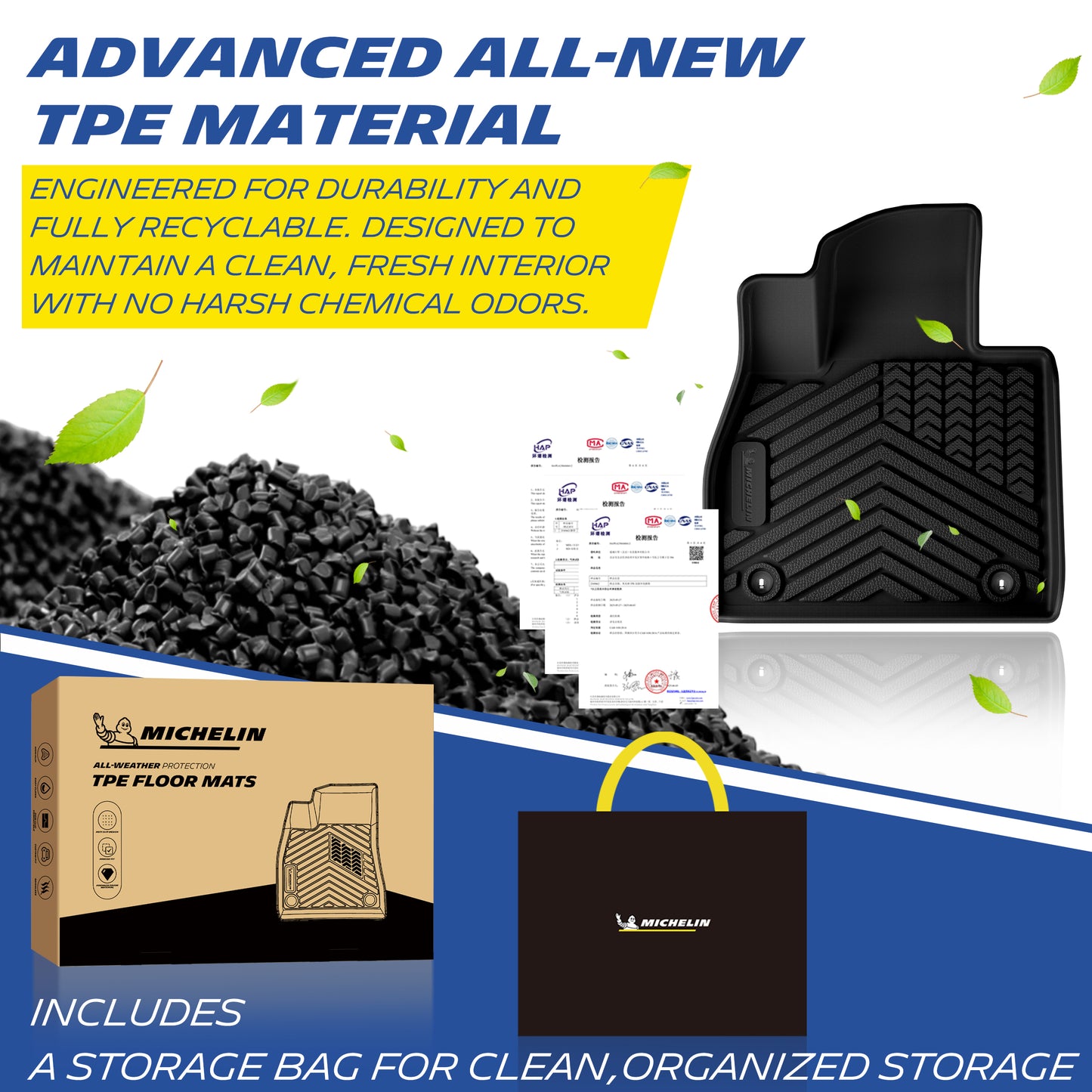 Odorless recyclable durable TPE, comes with branded storage bag & retail box