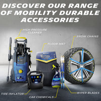 Michelin range of mobility durable accessories, including high-pressure cleaner, snow chains, TPE floor mats, tire inflator, wiper blades, and car chemicals, one-stop automotive care solution.