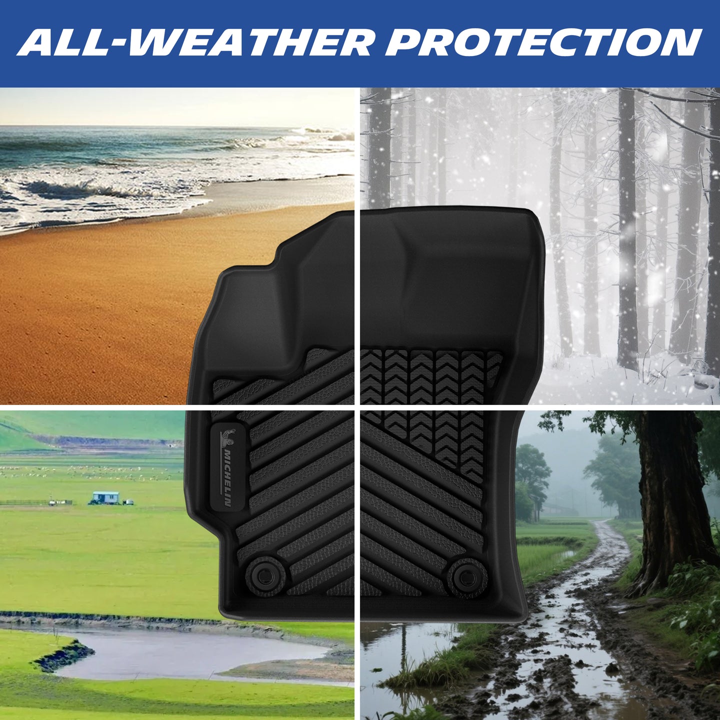 Michelin custom TPE car floor mat, all-weather protection against sand, snow, mud and rain, four seasonal scene split graphic banner