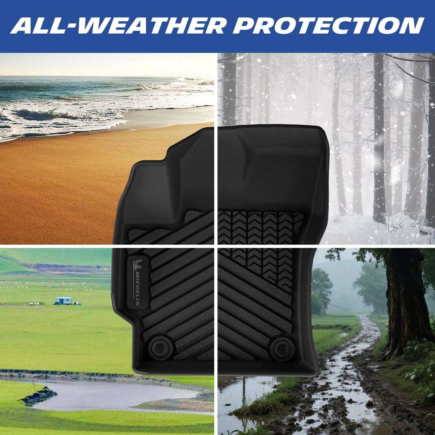 Michelin custom TPE car floor mat, all-weather protection against sand, snow, mud and rain, four seasonal scene split graphic banner