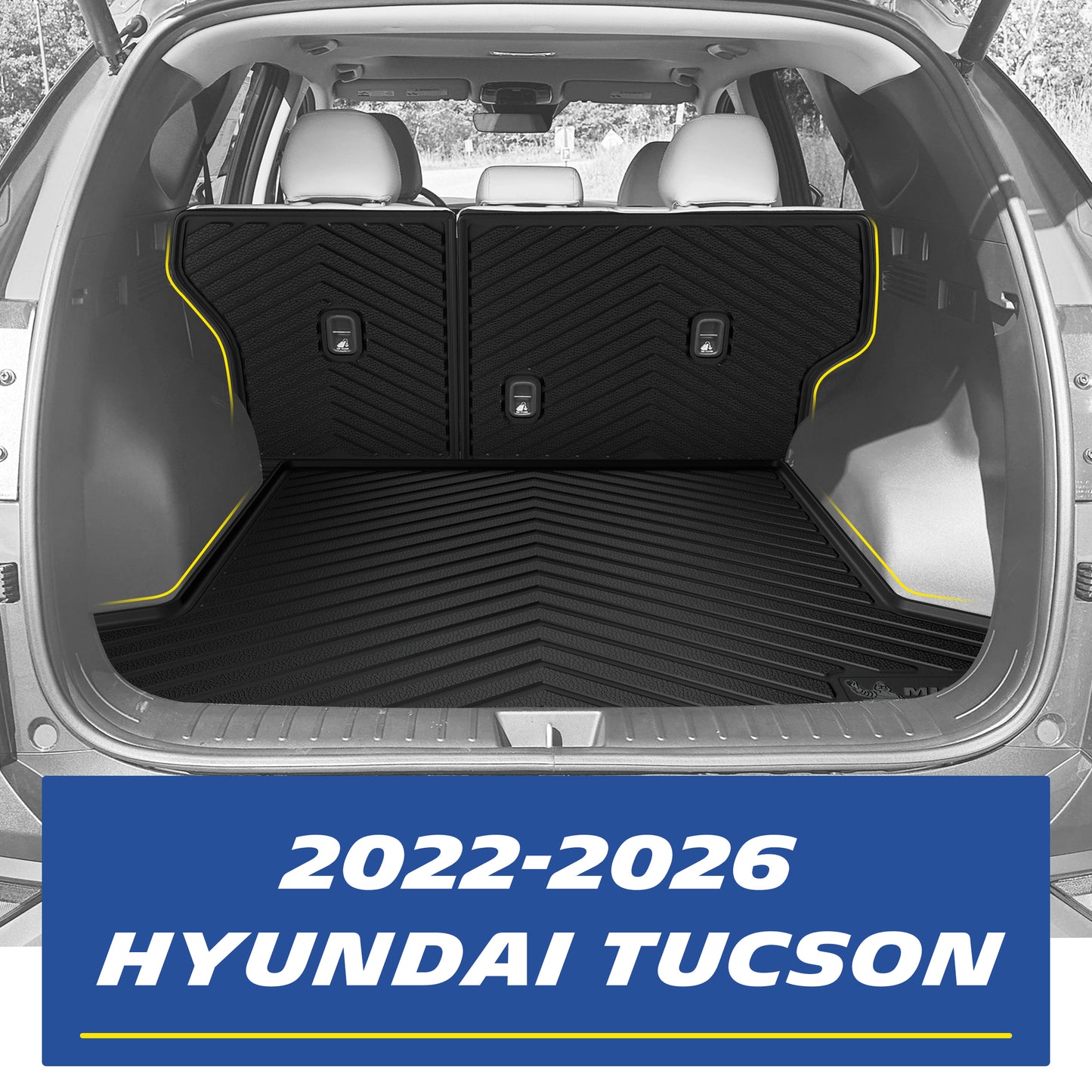 Real-world installation of a custom-fit black TPE integrated trunk cargo liner and rear seat backrest protector inside a 2022-2026 Hyundai Tucson. Demonstrates precise edge-to-edge fitment, providing comprehensive scratch and dirt protection for both the cargo floor and the seat backs.