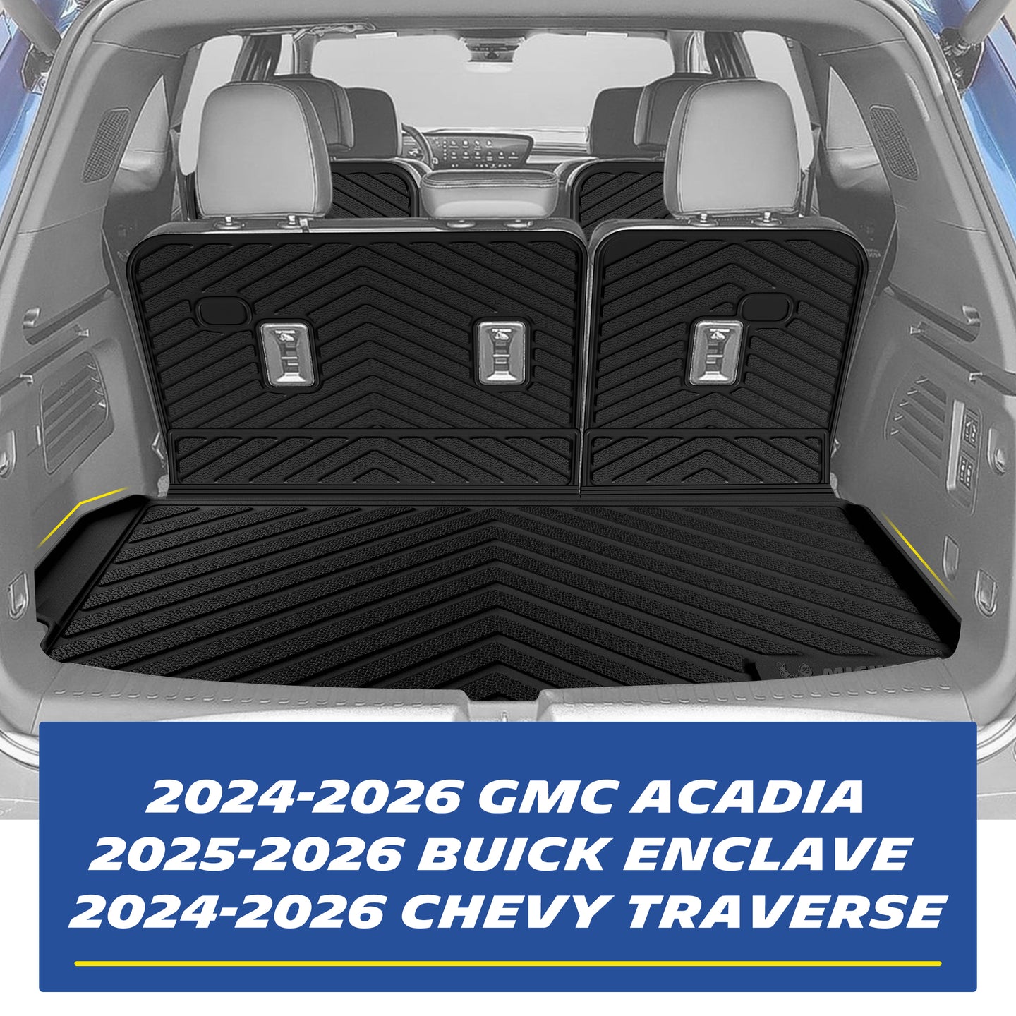 Real-world installation of the custom-fit black TPE trunk cargo liner and 3rd-row seat back protectors in a 7-seat GMC Acadia, Chevy Traverse, or Buick Enclave. Demonstrates precise edge-to-edge fitment that seamlessly accommodates seat folding while offering ultimate cargo area protection.