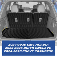 Real-world installation of the custom-fit black TPE trunk cargo liner and 3rd-row seat back protectors in a 7-seat GMC Acadia, Chevy Traverse, or Buick Enclave. Demonstrates precise edge-to-edge fitment that seamlessly accommodates seat folding while offering ultimate cargo area protection.