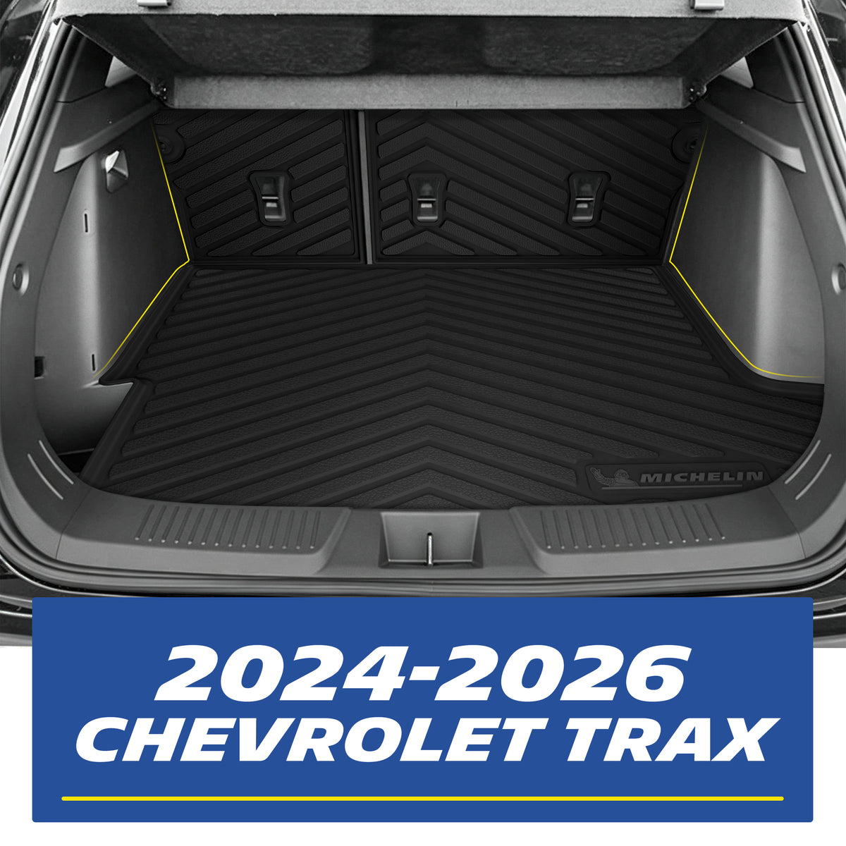 Real-world installation of the custom-fit MICHELIN black TPE rear trunk cargo mat and seat back protectors inside a 2024-2026 Chevrolet Trax. Demonstrates precise edge-to-edge fitment perfectly contouring the trunk space and covering the rear seats for comprehensive waterproof cargo protection.