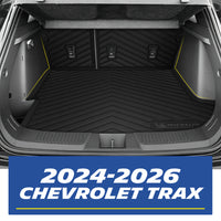 Real-world installation of the custom-fit MICHELIN black TPE rear trunk cargo mat and seat back protectors inside a 2024-2026 Chevrolet Trax. Demonstrates precise edge-to-edge fitment perfectly contouring the trunk space and covering the rear seats for comprehensive waterproof cargo protection.