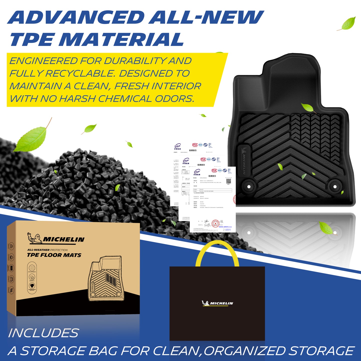 Advanced new TPE material Michelin trunk mat set, durable & recyclable, comes with storage bag and branded packaging.