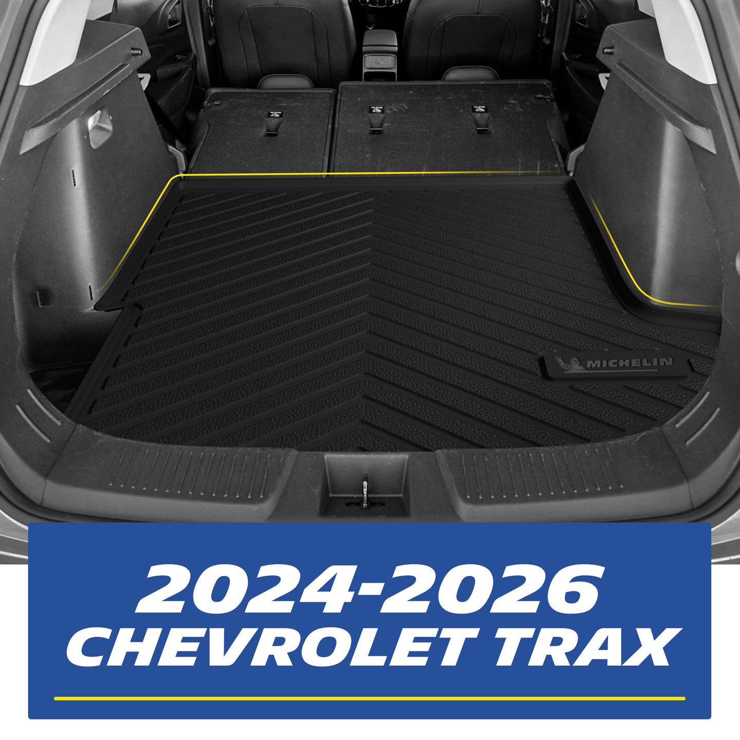 Real-world installation of the custom-fit MICHELIN black TPE rear trunk cargo mat inside a 2024-2026 Chevrolet Trax. Demonstrates precise edge-to-edge fitment perfectly contouring the trunk space for comprehensive waterproof and dirt protection, fully covering the factory carpet.