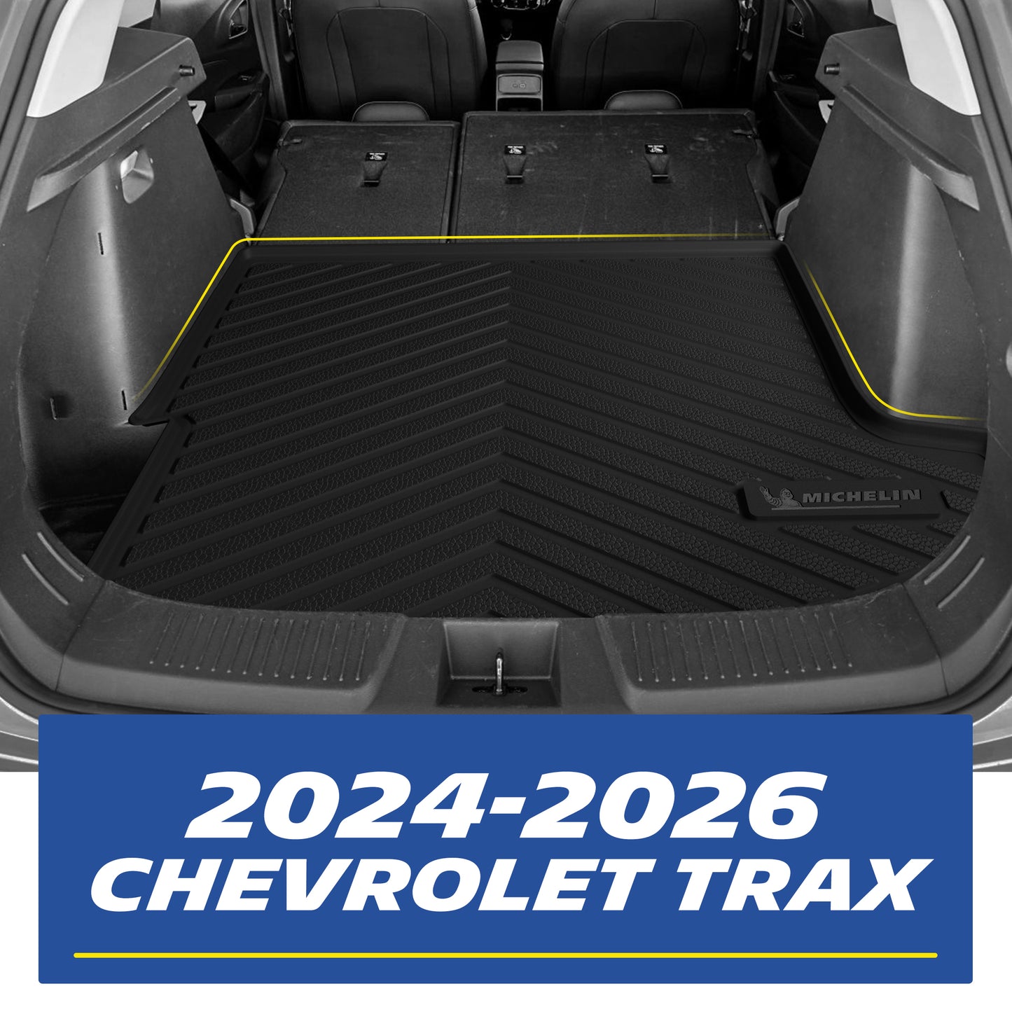 Real-world installation of the custom-fit MICHELIN black TPE rear trunk cargo mat inside a 2024-2026 Chevrolet Trax. Demonstrates precise edge-to-edge fitment perfectly contouring the trunk space for comprehensive waterproof and dirt protection, fully covering the factory carpet.