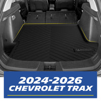 Real-world installation of the custom-fit MICHELIN black TPE rear trunk cargo mat inside a 2024-2026 Chevrolet Trax. Demonstrates precise edge-to-edge fitment perfectly contouring the trunk space for comprehensive waterproof and dirt protection, fully covering the factory carpet.
